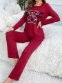 2pcs/set Letter Printed Bear Motif T-shirt And Plain Pants Pajamas Set