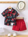 SHEIN Kids FANZEY Young Boys' Valentine's Day Rose Printed Shirt And Shorts Set