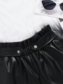 SHEIN Kids Cooltwn Tween Girls' Casual Street Style Pu Leather Shorts