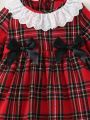 Baby Girl Tartan Print Ruffle Trim Flounce Sleeve Bow Front Dress