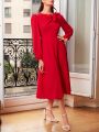 SHEIN Clasi Women's Fashionable Red Long Sleeve Dress With Bow Decoration