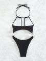 SHEIN Swim SXY Women's Black Halterneck Ring Decor One Piece Swimsuit