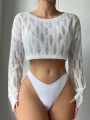 SHEIN Swim BohoFeel 1pc Round Neck Long Sleeve Crop Top Cover Up