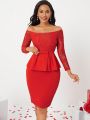 SHEIN Lady Ladies' Solid Color Lace Splice Off Shoulder Top And Skirt Set