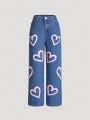 Tween Girls' Heart Pattern Printed Straight Leg Jeans