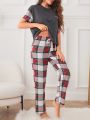 Women's Color Block Short-sleeve Plaid Long Pants Pajama Set