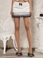 SHEIN BAE Sweet And Romantic Date Night Black And White Contrast Lace Trimmed Bowknot Detail Low Waisted Women's Skirt