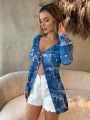 SHEIN SXY Ladies' Imitation Denim Printed Jacket Outfit Spring Summer Women Clothes Bachelorette Party Spring Break Birthday Outfit Valentine Day Sexy Outfits Metallic Fabric
