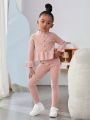 SHEIN Kids Cooltwn Young Girl Ruffle Trim Flounce Sleeve Peplum Sweater & Knit Leggings