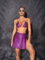 SHEIN Swim Y2GLAM Glitter Triangle Bikini Swimsuit With Beach Skirt