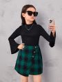 SHEIN Kids FANZEY Girls' Stand Collar Solid Color Blouse & Plaid A-Line Skirt Set With Flare Sleeves