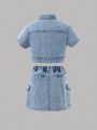 Girls' Basic Casual Light Blue Washed Short-Sleeved Fake Pocket Denim Top & Elastic Waistband Workwear Denim Skirt Comfortable Set