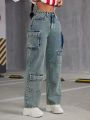 SHEIN ICON Multiple Pockets Straight Leg Workwear Jeans With Washed Effect