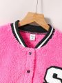 Teen Girl Letter Patched Striped Trim Drop Shoulder Teddy Jacket & Pants