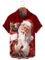 Men's Plus Size Short-sleeved Shirt With Santa Claus Print And Turn-down Collar For Christmas