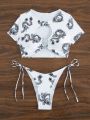 SHEIN Swim Y2GLAM Chinese Dragon Print Bikini Set With Circular Decoration