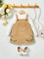 SHEIN Baby Girl Lovely Casual Corduroy Overall Dress With Floral Embroidery