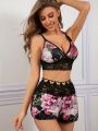 Floral Print Contrast Lace Lingerie Set