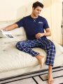 Men's Letter & Check Printed Pajama Set