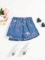 SHEIN Little Girls' Butterfly Pattern Pleated Asymmetrical Denim Mini Skirt