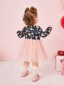 SHEIN Baby Girls' Casual Knitted Heart Pattern Splicing Mesh Long Sleeve Dress