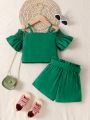 SHEIN Kids FANZEY Young Girl Summer Fresh Solid Color Casual 2-Piece Outfit, New Arrival