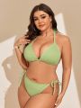 SHEIN Swim Basics Plus Size Women'S Solid Color Halter Neck Strap Swimsuit Set