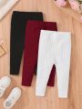 SHEIN 3pcs Infant Girls' Casual Knitted Solid Color Slim Fit Pants With Elastic Waist