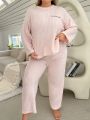 Plus Size Women's Letter Embroidery Plush Pajama Set