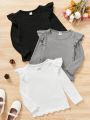 SHEIN Kids EVRYDAY Young Girl 3pcs Casual Comfortable Solid Color Long Sleeve T-Shirt