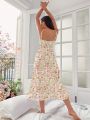 Valentines Women'S Irregular Shoulder Sleepwear Dress With Floral Pattern