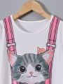 SHEIN Kids EVRYDAY Cat And Pinafore Pattern Print Short Sleeve Dress