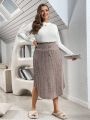 SHEIN Essnce Women's Plus Size Buttoned High Waist Midi Skirt For Spring