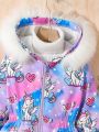 SHEIN Kids Nujoom Big Girls' Heart & Unicorn Pattern Printed Collar Hoodie Jacket With Double Pockets And Fleece Lining