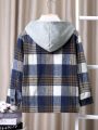 SHEIN Kids EVRYDAY Tween Boy Plaid Print Thermal Lined Hooded Coat Without Sweater