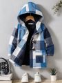 SHEIN Young Boy Plaid Print Thermal Lined Hooded Duffle Overcoat Without Sweater