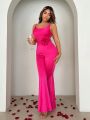 SHEIN SXY New Years Party Valentine'S Lovers Date Pink Detachable 3d Flower Flared Jumpsuit