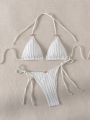 Bikini Set With 3d Flower Decoration, Knotted Side Straps