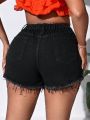 SHEIN VCAY Plus Size Irregular Cutout Ripped Denim Shorts In Tight Fitting College Style