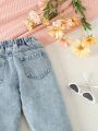 Girls' Butterfly & Flower Embroidery Frayed Hem Colored Denim Pants