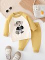 Toddler's Fall Winter New Cartoon Bear Pattern Drop Shoulder Sleeve Sweater Set