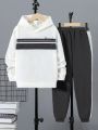 SHEIN Tween Boys' Letter Printed Hooded Sweatshirt With Matching Pants Set