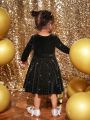 SHEIN Baby Girl Rhinestone Detail Belted Velvet Dress