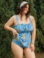 SHEIN Swim Mod Plus Size Women's Floral Printed Vest Style Bikini Set