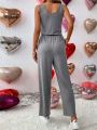 SHEIN LUNE Women's Solid Color Wide Shoulder Strap Sleeveless Drawstring Jumpsuit