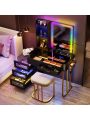 Kasibie RGB LED Lights Makeup Vanity Set,Grey Vanity Desk with Glam Glass Top&Hair Dryer Holder,Dressing table with USB&Wireless Charging Station,Makeup Desk with Visible 6Drawers,Open Storage ShelvesRGB LED Lights Makeup Vanity Set,Grey Vanity Desk