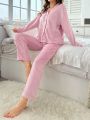 Ladies' Solid Color Front Button Shirt And Drawstring Waist Pants Home Wear Set