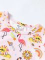 SHEIN Young Girl's Knitted Set With Flamingo Pattern T-Shirt And Loose Casual Shorts, Leisure Home Clothes