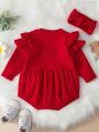 Baby Girl Star Pattern Ruffle Trim Knit Bodysuit & Headband