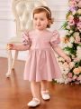 SHEIN Baby Girls Solid Ruffle Hem Floral Embroidery Dress, Perfect For Birthday & Party & Banquet